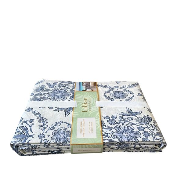 Lillian August Floral Easy Care Indoor Outdoor Tablecloth 60x120 Blue White NEW - Picture 4 of 15